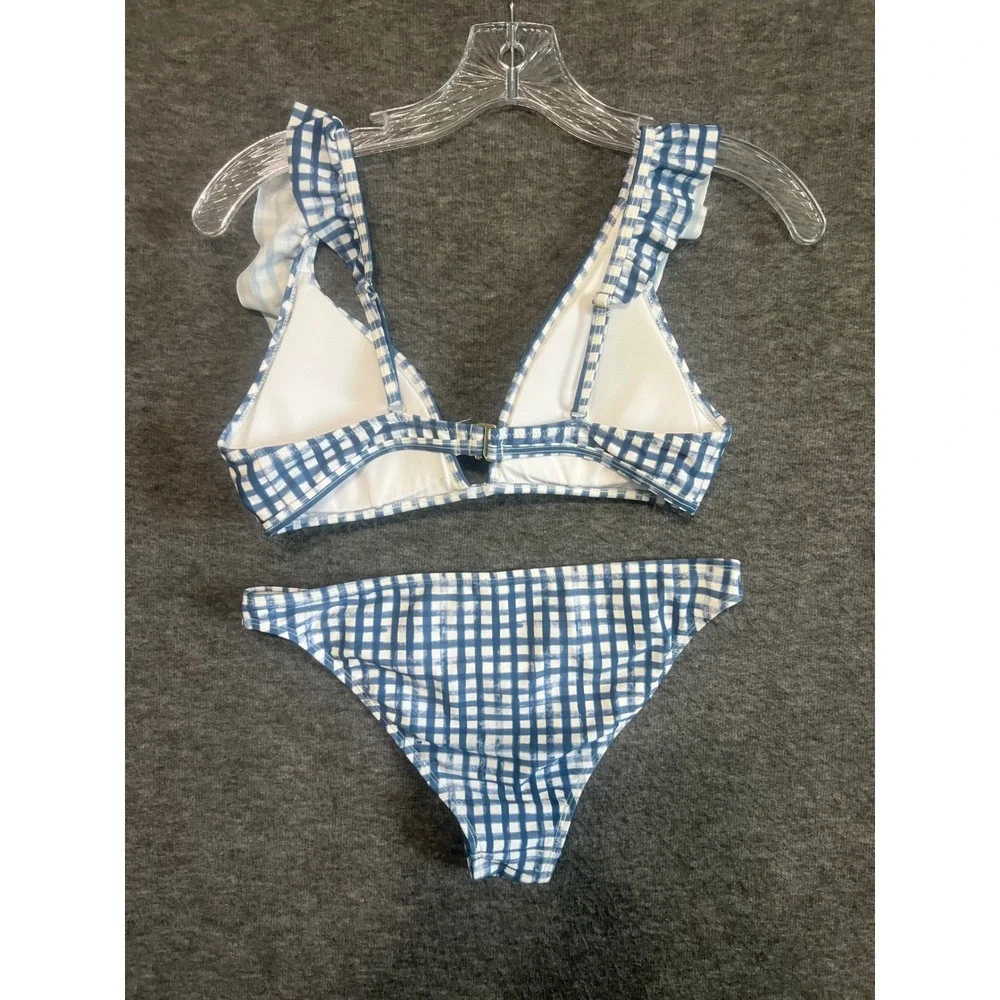 Southern Tide Blue Gingham Ruffle Bikini Set Top S Bottom XS Style 9228 9227